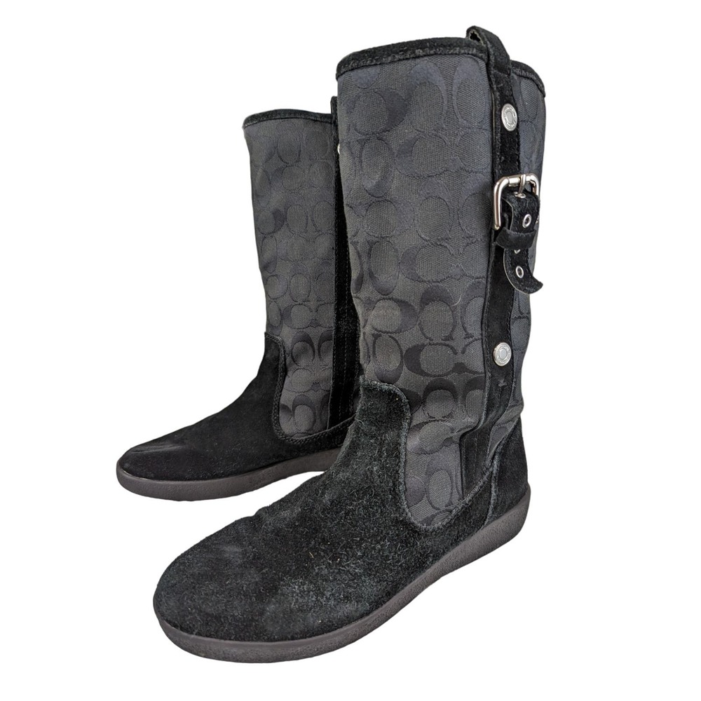 COACH! "TULLIP" BLACK LOGO FABRIC, SUEDE LEATHER BOOTS! SZ 9.5B